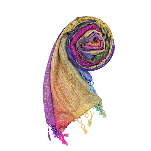 ANKOMINA Women Colorful Rainbow Tassel Scarf Enthic Style Flowers Gradient Jacquard Cotton Pashmina Shawl Wraps