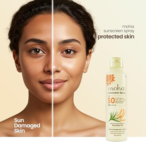Image of Moha Sunscreen Spray SPF 50 PA++++ | Broad Spectrum UVA /UVB & Blue Light Protection | Lightweight, Non-Sticky, Non-Comedogenic & Alcohol-Free SPF Spray | With US & EU Grade Ingredients | For Teens, Women, Men, Oily & Dry Skin | Pollution Defence, Water & Sweat Resistant, No White Cast, With Rice Bran Oil - 170g
