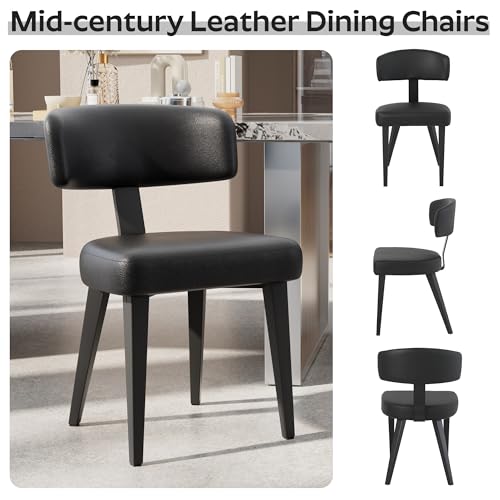 Image of Wood Dining Table Set for 4, 36 inch Round Kitchen Table with 4 Faux Leather Dining Chairs, MDF Tabletop with Metal Legs, Ergonomic Dining Chair with Metal Legs(Black Table with Black Chairs)
