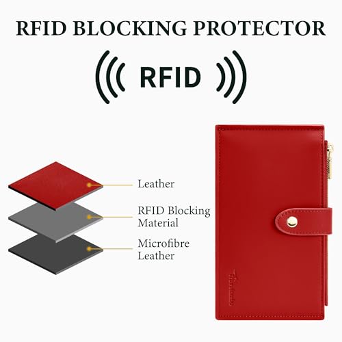 Image of Travelambo Womens Leather Bifold Wallet, Slim RFID Blocking Card Holder | Large Capacity, 16 Card Slots & ID Window, 2 Zipper Pockets, Dual Snap Closure, Slim Lightweight, RFID Privacy Protection