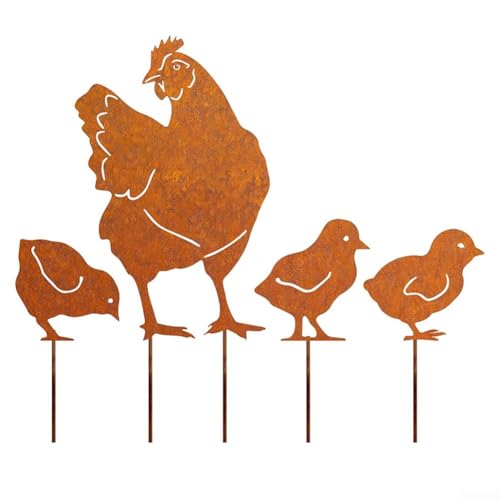 Image of Zilimontt 4-Piece Rusty Chicken Garden Stake Set with Bronze Finish for Outdoor Decoration, Flower Beds and Patios, Wrought Iron Silhouette Lawn Ornaments(4 chickens)