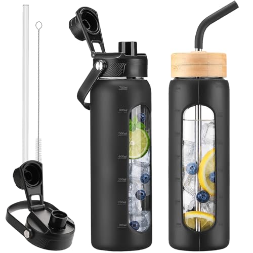 Image of 24 oz Glass Water Bottle with Straw - 2 Lids (Bamboo & Spout Lid), Motivational Borosilicate Glass Daily Water Intake Bottle with Time Marker, Silicone Sleeve for Gym Home Office-Black