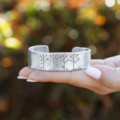 Pewter Cuff Engraved Bracelet with Heart, Flowers and Branches Handcrafted Nature Inspired Bangle Jewelry Gift for Women Mom Wife Gift3