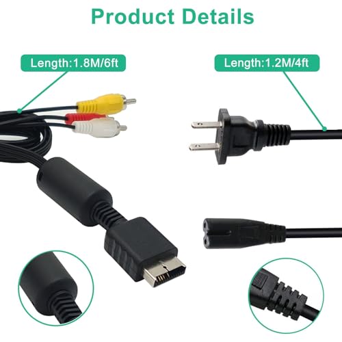 image for AMYUSI Power Cord and AV Cable for PS1 PS2 PS3, PS2 PS3 AV Cable, AV t