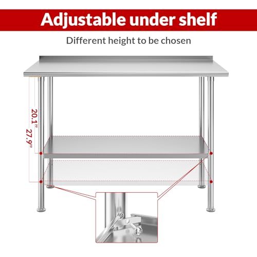 Stainless Steel Prep Table for Work, 24 * 48 Inch, High Load Bearing with Undershelf and Backsplash for Outdoor, Restaurants, Hotels, Workshops, Kitchens, Garages and Gardens