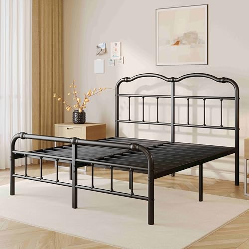 ZIYOO Vinatge California King Size Metal Bed Frame with Metal Headboard and Footboard Cal-King Bed Frame 18 Inch High Under Bed Storage, No Box Spring Needed, Noise Free