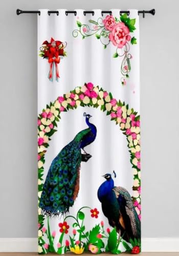 Image of Digital Printed Curtain with Pink Rose and Butterfly Design, 7 Feet, Grommet Top, White (1, White Mor, 7 Feet)