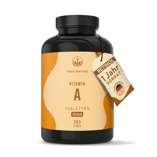 Vitamin A – Retinol hochdosiert (10.000 I.E.) – 365 Tabletten (3.000 µg) – Vit A Kapseln Alternative – Direkt verwertbare Form – Vegan, ohne Zusätze, deutsche Produktion – TRUE NATURE®