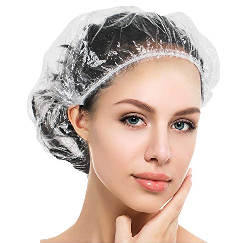 Disposable Shower Cap,100 PCS Large Waterproof Thick Plastic Clear Elastic Hair Bath Caps for Long Hair Women, Men, Girls, Hair Treatment, Women Spa, Travel, Hotel and Hair Salon