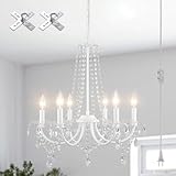 MEIJIA 6 Light Crystal Plug in Chandelier, White Plug in Ceiling Light with Clear Cord and On/Off, Crystal Chandelier for Bedroom, Kitchen, Dining Room, Wedding, Bathroom