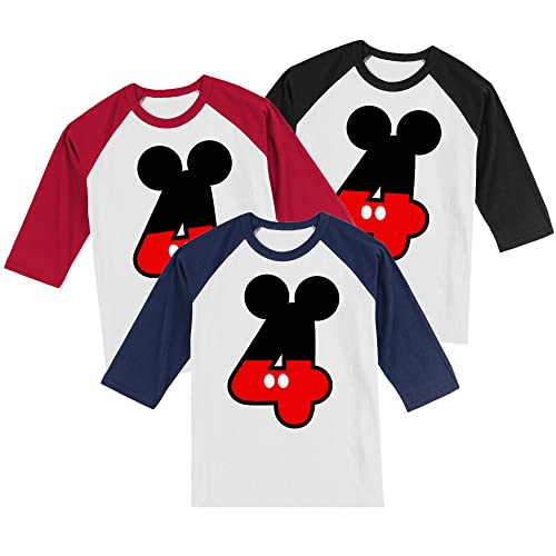 Personalized Mickey 4th Birthday Shirt | Handmade Decorated Shirt | Personalized with Name | Unisex 3/4 Sleeve Raglan T-Shirt | #11824