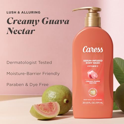 Image of Caress Creamy Guava Nectar Moisturizing Body Wash with Pump, Serum-Infused Formula with Vitamin C, Fruity Citrus Woody Long Lasting Fragrance, Dermatologist Tested, 20 fl oz (4 Pack)