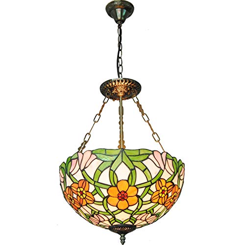 W&HH Tiffany Lustre de Style 16 Pouces Tiffany Pendant Light Pastoral Morning Glory Lampe pendante Creative Salle à Manger Chambre Verre Lustre Salon éclairage Hanging