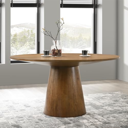 Image of Terra 59 inch Transitional Round Dining Table with Pedestal Base, Walnut | Engineered Wood, Smooth Finish, Mid-Century Modern Pedestal Base, 1 inch Thick Tabletop, Seats 4