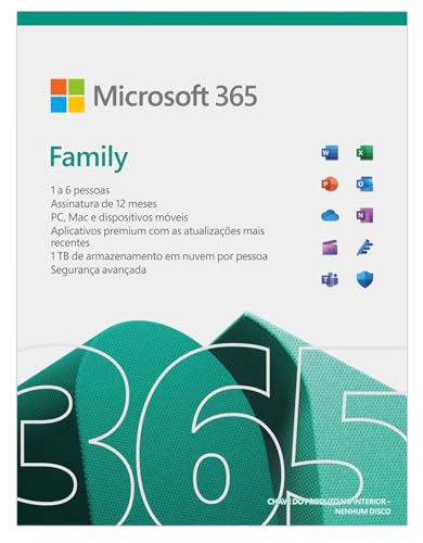 Microsoft 365 Family (12 meses) até 6 usuários. PC/Mac/Iphone/tablet. 1TB na nuvem por usuário