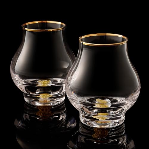 DUJUST Elegante juego de 2 copas de balón curvilíneas (205 ml), copas de whisky de cristal con de oro de 24 quilates, cop de lujo para brandy/Bourbon/tequila, sin BPA ni plomo