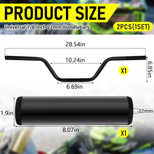 Image of 7 /8 inch 22mm Dirt Bike Handlebars with Foam Pad Atv Motorcycle Handlebars for Motocross Atv Dirt Bike Ebike (Black)