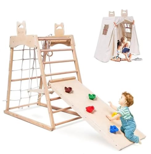 Image of Ascism Jungle Gym Indoor (8 in 1) Wooden Indoor Playground, Toddler Wooden Climbing Toys, Montessori Playset, Gym with Slide, Climbing Net, Swing, Tent, Gymnastics Ring…