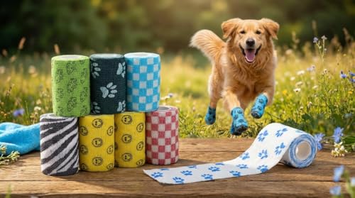 Image of Dog Bandage Cohesive Wrap for Paw & Leg | 7.5cm x 4.5m - Pack of 6 | Easy Tear, Fur Safe | Self Adhesive Elastic Vet Tape for Walking Protection, Wound Care & Licking Prevention Bandage Roll