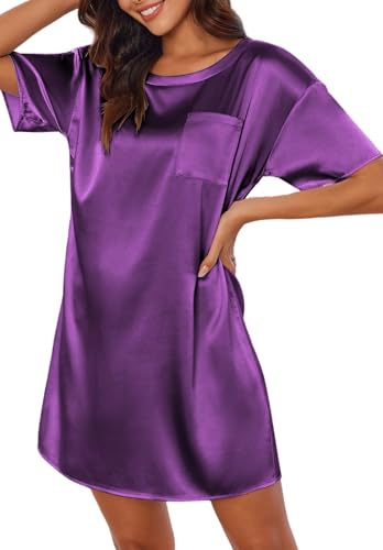 Image of Ekouaer Silk Sleep Shirts for Women Satin Nightshirt Tshirt Nightgown Short Sleeve Sleepwear Round Neck Shirt Dress With Chest Pocket Bright Purple L
