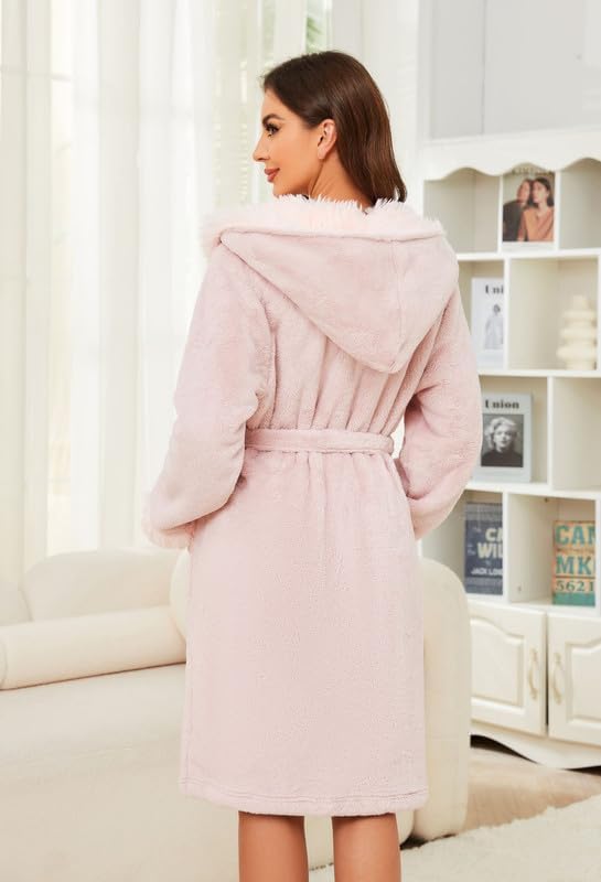 LYCY Women Hooded Plush Short Robe Soft Warm Fleece Bathrobe Fluffy Cute Spa Robe - Image 6