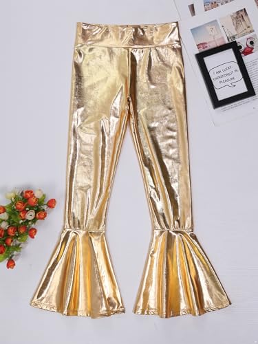 JEATHA Kids Girls Shiny Metallic Flared Pants Disco Dance Bell-Bottom Leggings Yoga Ruffle Trousers Dancewear4