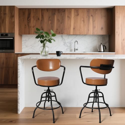 Butaco industrial moderno con respaldo, reposabrazos y reposapiés: asiento giratorio flexible y altura ajustable de 21,7" a 25,6" - cojín suave y cuero liso - elegante color marrón con estructura metálica miniatura 5
