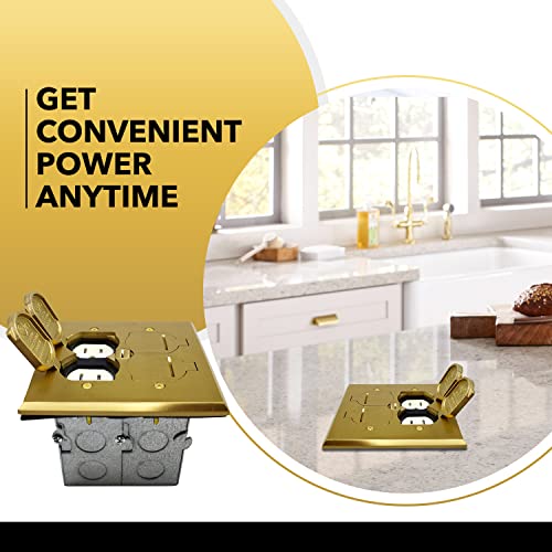 Select Lighting Slfb-2G-Tr20-Br 20A Receptacle Outlets, Tamper Resistant Electrical Floor Box With Flip Lid And Brass Cover, Retractable Recessed Socket For Kitchen, Countertops & Floors #TOP1
