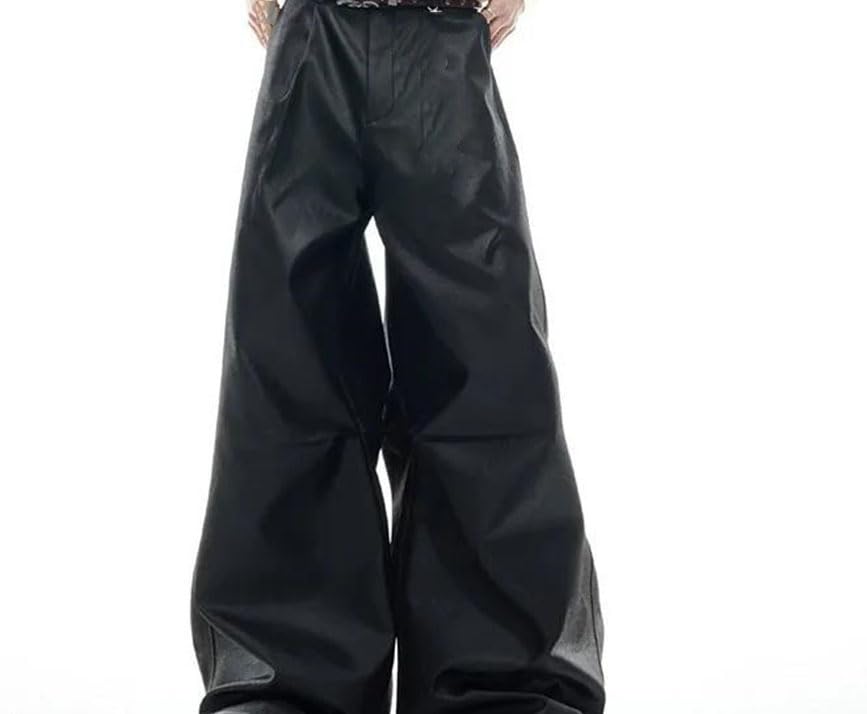 Men's PU Leather Pants Wide Leg Pleated Chain Decoration Streetwear Trousers2
