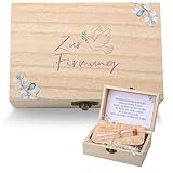 Firmung Geldgeschenk Holzbox Verpackung mit Blatt und Taubenmotiven,Inklusive Reagenzglas,Grußkarte,Holzanhänger und Raffiabeutel zum Verpacken von Geldgeschenken