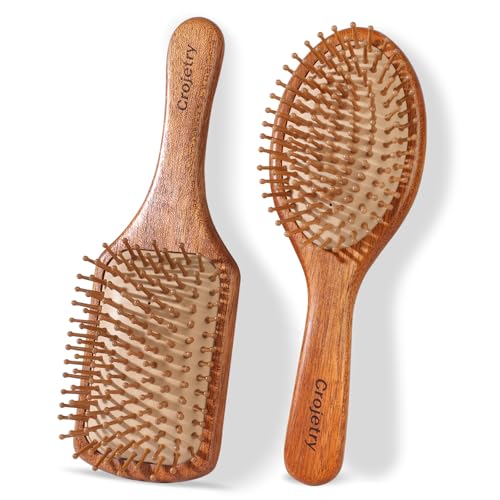 2-Piece Bamboo Hair Brush Set for Hair Growth (Oval & Square) - Natural Wooden Scalp Massage Brush...