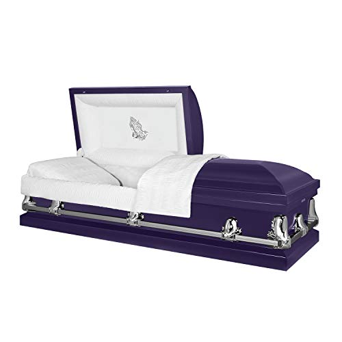 Titan Casket Orion Panel Collection Handcrafted Funeral Casket - Royal Purple with White Interior & Praying Hands Head Panel-Premium Metal Adult Casket Coffin with Adjustable Bed