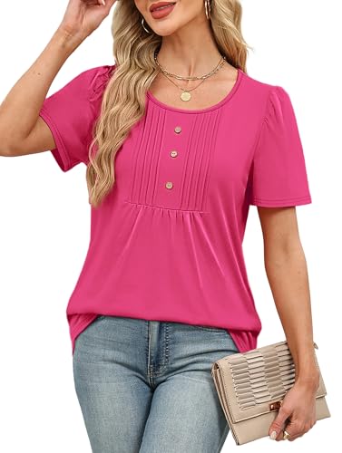 Image of Womens Tops Dressy Casual Blouses Short Sleeve Shirts Plus Size Fashion Clothing Spring Summer Outfits Button Pleated Front