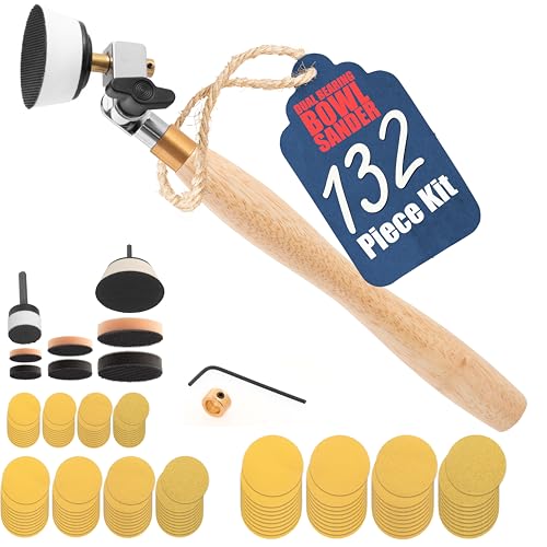 Peachtree Woodworking Supply Bowl Sander Tool Kit - Dual Bearing Head & Hardwood Handle, 132 Piece Wood Sander Kit, 1", 2" & 3" Hook & Loop Sanding Disc Sandpaper, 1/4 Mandrel