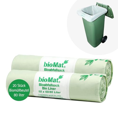 bioMat 60/80l kompostierbare und klimaneutrale Abfallsäcke, 20 Stk. Müllsäcke für Biotonne, Premium-Qualität, Grün