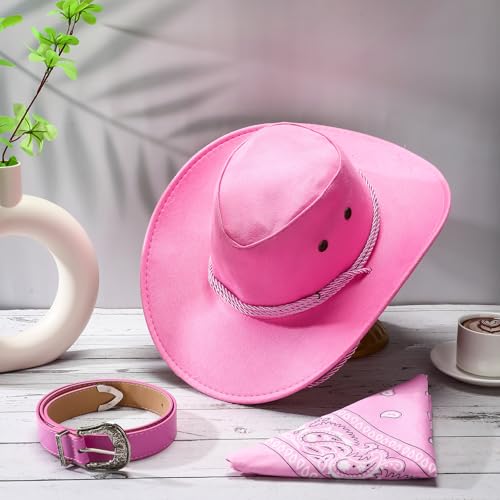 Image of Haysandy Halloween Men Cowboy Costume Hat with Bandana Belts Cowboy Cowgirl Hat Wide Cowgirl Brim Costume Accessories