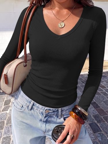 Image of ANRABESS Long Sleeve Shirts for Women Fall V Neck Slim Fit Tops Basic Tee