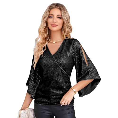 Sequin Tops for Women Elegant Sparkly Glitter Dressy Shirts Flared Sleeve V Neck Blouses Ruched Slim Party Club Shirt2