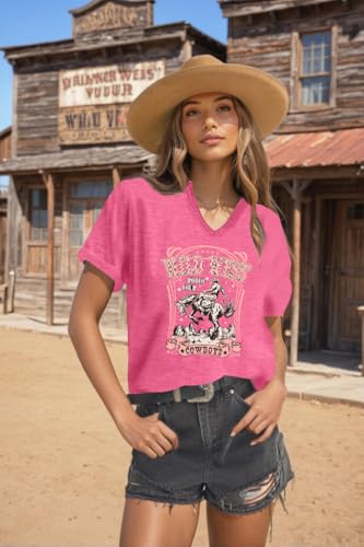 Cowboy Shirts for Women V Neck Vintage Rodeo T Shirt Western Fashion Graphic Short Sleeve Tee Tops2