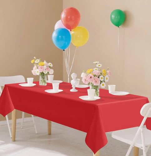 Image of SietDESEO 2 Pack Red Plastic Tablecloth Rectangle 54 x 108 Premium Disposable Table Cloth Plastic Red Table Cover for Wedding Baby Shower Party Decorations