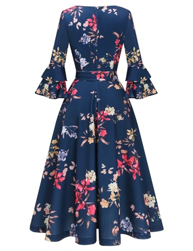 Image of DRESSTELLS Women's Cocktail Dress Summer Wedding Guest Party Vintage 3 /4 Bell Sleeve V Neck A-Line Dress