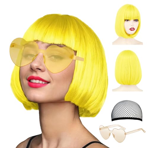 LIULIUBTY Short Bob Hair Wigs Straight with Flat Bangs Synthetic Colorful Cosplay Daily Party Neon Wig for Women with Wig Cap 12 Natural As Real (Yellow)