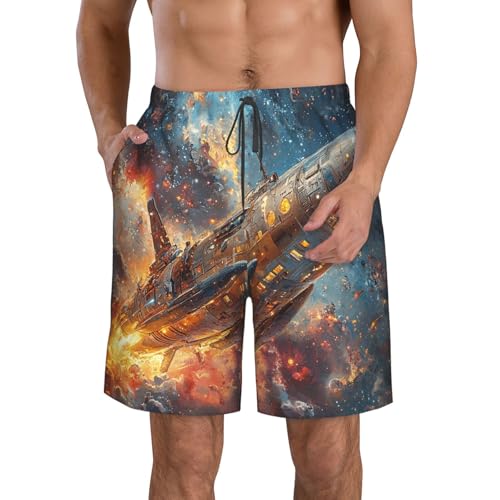 Men's Swim Trunks Beach Board Shorts Swimwear Bathing Suits - Spaceship Universe Galaxy Planet