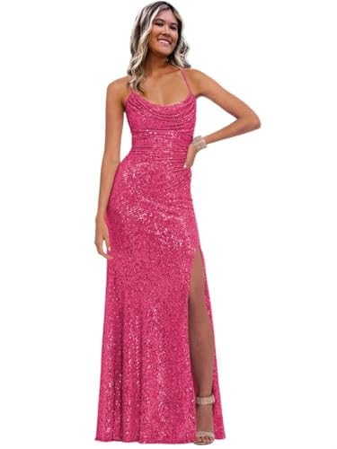Image of Stylefun Women's Halter Mermaid Prom Dresses with Slit Long Sequin Formal Cocktail Party Dress STN027