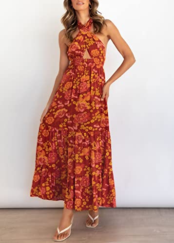 Zesica Women's 2023 Summer Crossover Halter Neck Sleeveless Plaid Cut Out Backless Flowy A Line Maxi Dress,Orangerust,Small #TOP2