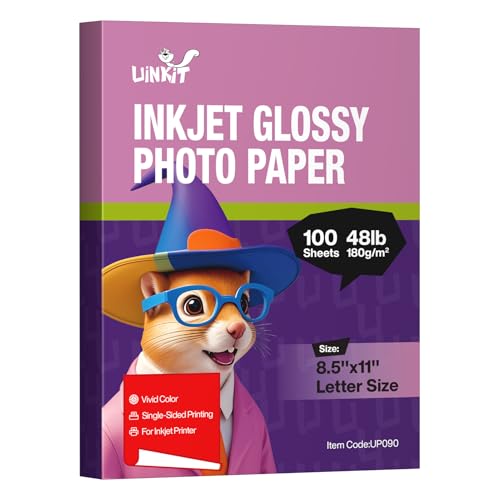 Uinkit Glossy 8.5x11 100 Sheets Inkjet Photo Paper 48lb 180Gsm Professional Photographic Paper Letter Size 8.5Mil Instant Dry Suitable for All Ink Printers