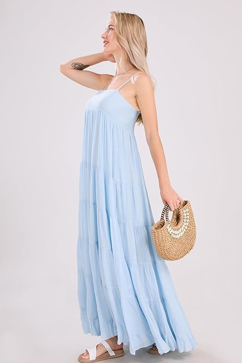 utcoco Women's Spaghetti Straps Maxi Dresses Back Smocked Sleeveless Tiered Swing Flowy Boho Long Sundress - Image 6