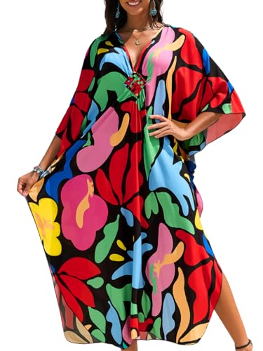 ShawGobow Print Muumuu Dress for Beach, Plus Size Sexy V-Neck