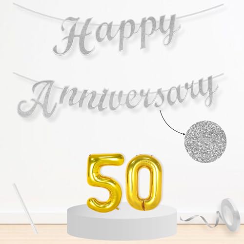 Image of Flyloons 50th Happy Anniversary Banner Silver Decorations Kit for Men Women Wedding Anniversary Banner Items without Balloons Golden Jubilee