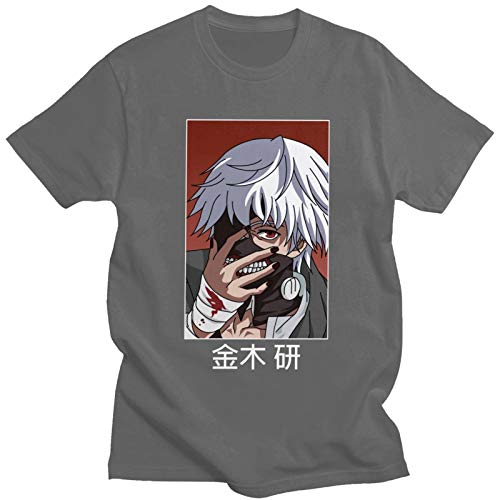 LZZSWDT Tokyo Ghoul Ken Kaneki T-Shirt for Men Cotton Graphic T-Shirt O-Neck Short Sleeve Japanese Anime Manga Tee Clothing Darkgrey